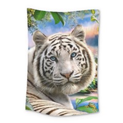 White Tiger Peacock Animal Fantasy Water Summer Small Tapestry by Cemarart
