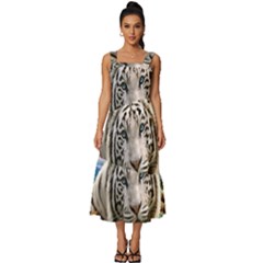 White Tiger Peacock Animal Fantasy Water Summer Square Neckline Tiered Midi Dress