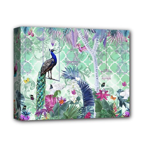 Peacock Parrot Bird Pattern Exotic Summer Green Flower Jungle Paradise Deluxe Canvas 14  X 11  (stretched) by Cemarart
