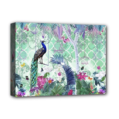 Peacock Parrot Bird Pattern Exotic Summer Green Flower Jungle Paradise Deluxe Canvas 16  X 12  (stretched) 