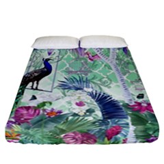 Peacock Parrot Bird Pattern Exotic Summer Green Flower Jungle Paradise Fitted Sheet (California King Size)