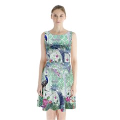 Peacock Parrot Bird Pattern Exotic Summer Green Flower Jungle Paradise Sleeveless Waist Tie Chiffon Dress