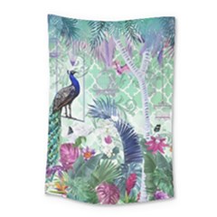 Peacock Parrot Bird Pattern Exotic Summer Green Flower Jungle Paradise Small Tapestry by Cemarart