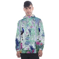 Peacock Parrot Bird Pattern Exotic Summer Green Flower Jungle Paradise Men s Front Pocket Pullover Windbreaker by Cemarart