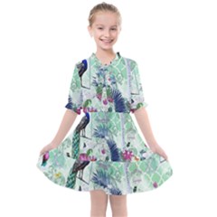 Peacock Parrot Bird Pattern Exotic Summer Green Flower Jungle Paradise Kids  All Frills Chiffon Dress by Cemarart