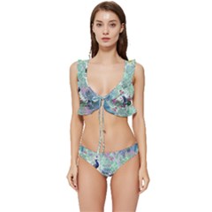 Peacock Parrot Bird Pattern Exotic Summer Green Flower Jungle Paradise Low Cut Ruffle Edge Bikini Set by Cemarart