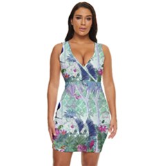 Peacock Parrot Bird Pattern Exotic Summer Green Flower Jungle Paradise Draped Bodycon Dress by Cemarart