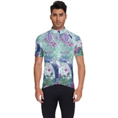 Peacock Parrot Bird Pattern Exotic Summer Green Flower Jungle Paradise Men s Short Sleeve Cycling Jersey by Cemarart