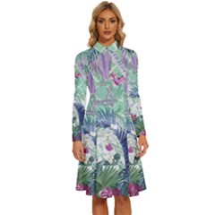 Peacock Parrot Bird Pattern Exotic Summer Green Flower Jungle Paradise Long Sleeve Shirt Collar A-line Dress by Cemarart