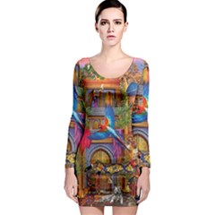 Arabian Street Art Colorful Peacock Tiger Man Parrot Horse Dancer Fantasy Long Sleeve Bodycon Dress