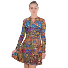 Arabian Street Art Colorful Peacock Tiger Man Parrot Horse Dancer Fantasy Long Sleeve Panel Dress by Cemarart