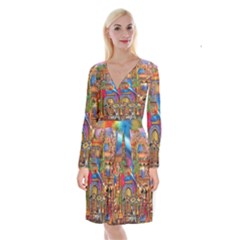 Arabian Street Art Colorful Peacock Tiger Man Parrot Horse Dancer Fantasy Long Sleeve Velvet Front Wrap Dress by Cemarart