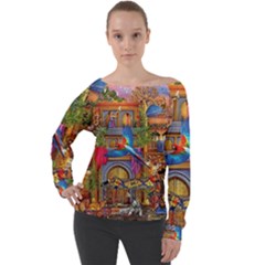 Arabian Street Art Colorful Peacock Tiger Man Parrot Horse Dancer Fantasy Off Shoulder Long Sleeve Velour Top