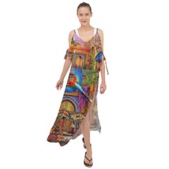 Arabian Street Art Colorful Peacock Tiger Man Parrot Horse Dancer Fantasy Maxi Chiffon Cover Up Dress