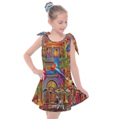 Arabian Street Art Colorful Peacock Tiger Man Parrot Horse Dancer Fantasy Kids  Tie Up Tunic Dress