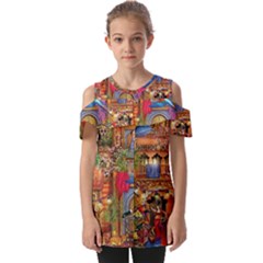 Arabian Street Art Colorful Peacock Tiger Man Parrot Horse Dancer Fantasy Fold Over Open Sleeve Top by Cemarart