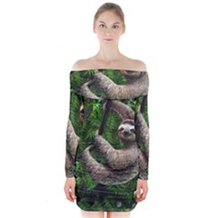 Sloth In Jungle Art Animal Fantasy Long Sleeve Off Shoulder Dress