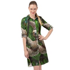 Sloth In Jungle Art Animal Fantasy Long Sleeve Mini Shirt Dress by Cemarart