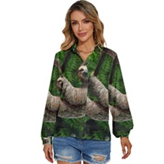 Sloth In Jungle Art Animal Fantasy Women s Long Sleeve Button Up Shirt