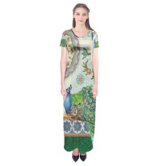 Royal Peacock Feather Art Fantasy Short Sleeve Maxi Dress