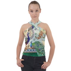 Royal Peacock Feather Art Fantasy Cross Neck Velour Top by Cemarart