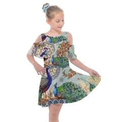 Royal Peacock Feather Art Fantasy Kids  Shoulder Cutout Chiffon Dress