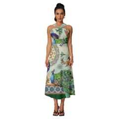 Royal Peacock Feather Art Fantasy Sleeveless Cross Front Cocktail Midi Chiffon Dress by Cemarart