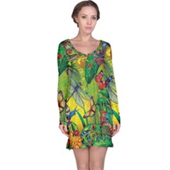 The Chameleon Colorful Mushroom Jungle Flower Insect Summer Dragonfly Long Sleeve Nightdress