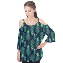 Peacock Pattern Flutter Sleeve T-Shirt 