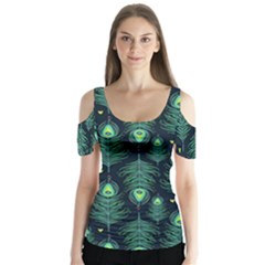 Peacock Pattern Butterfly Sleeve Cutout T-Shirt 