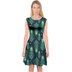 Peacock Pattern Capsleeve Midi Dress