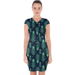 Peacock Pattern Capsleeve Drawstring Dress 