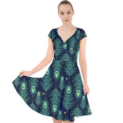 Peacock Pattern Cap Sleeve Front Wrap Midi Dress