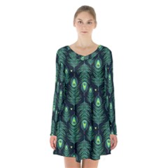 Peacock Pattern Long Sleeve Velvet V-neck Dress