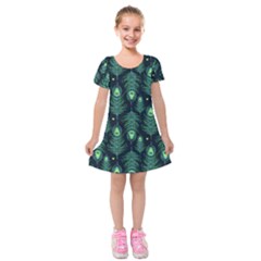Peacock Pattern Kids  Short Sleeve Velvet Dress