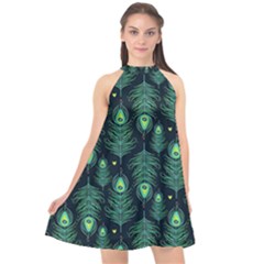 Peacock Pattern Halter Neckline Chiffon Dress 