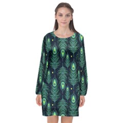 Peacock Pattern Long Sleeve Chiffon Shift Dress 