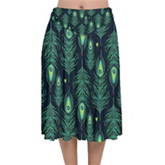 Peacock Pattern Velvet Flared Midi Skirt