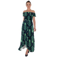 Peacock Pattern Off Shoulder Open Front Chiffon Dress