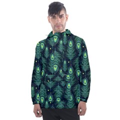 Peacock Pattern Men s Front Pocket Pullover Windbreaker