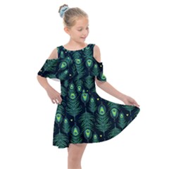 Peacock Pattern Kids  Shoulder Cutout Chiffon Dress