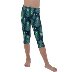 Peacock Pattern Kids  Lightweight Velour Capri Leggings 