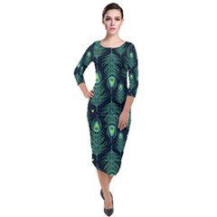 Peacock Pattern Quarter Sleeve Midi Velour Bodycon Dress