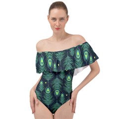 Peacock Pattern Off Shoulder Velour Bodysuit 