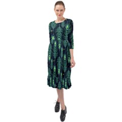 Peacock Pattern Ruffle End Midi Chiffon Dress