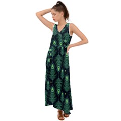 Peacock Pattern V-Neck Chiffon Maxi Dress