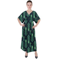 Peacock Pattern V-Neck Boho Style Maxi Dress