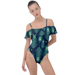 Peacock Pattern Frill Detail One Piece Swimsuit