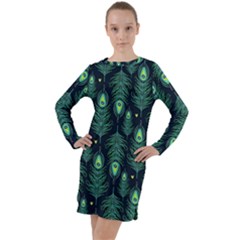 Peacock Pattern Long Sleeve Hoodie Dress