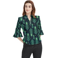 Peacock Pattern Loose Horn Sleeve Chiffon Blouse